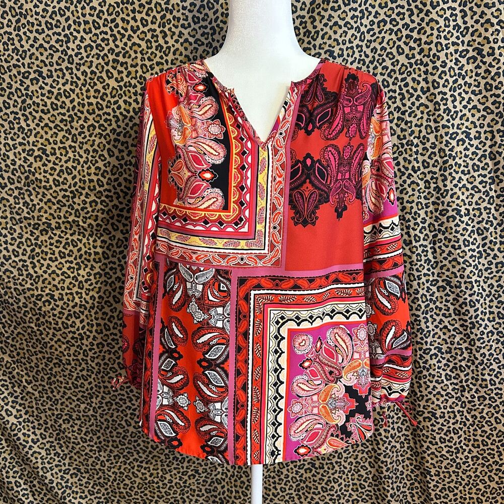 Chicos 1P MP Peasant Blouse Red Mixed Print Floral Boho Hippie Tomato Girl Top